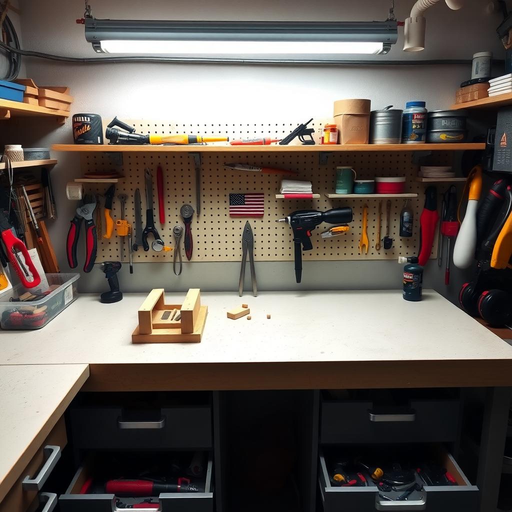 A clean workbench with an ongoing project and neatly organized tools in a small workshop.