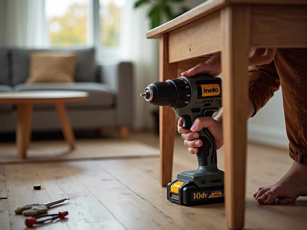 A person using a cordless drill to assemble furniture.