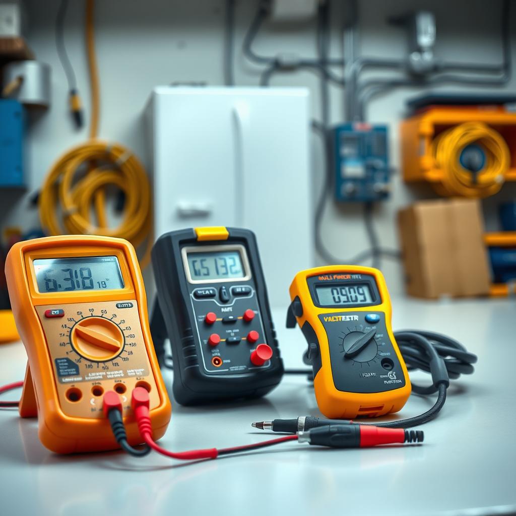 Digital multimeter, voltage tester, and circuit finder on a workbench with an electrical panel in the background.