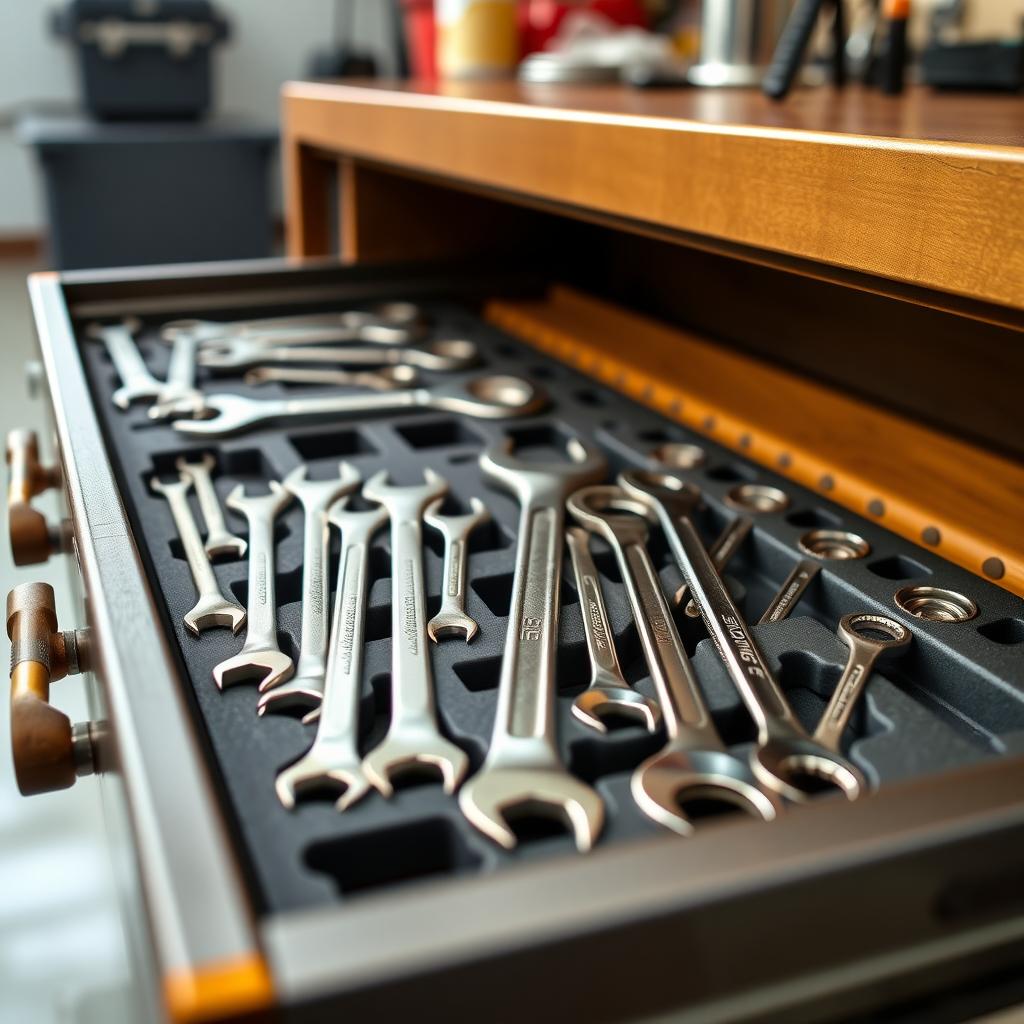 Organized toolbox drawer with metric and imperial wrenches in foam cutouts.