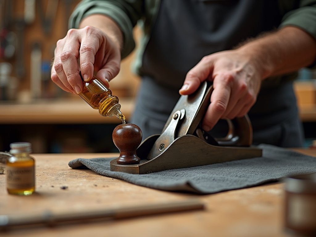 Craftsman applying oil to a sharpened plane blade