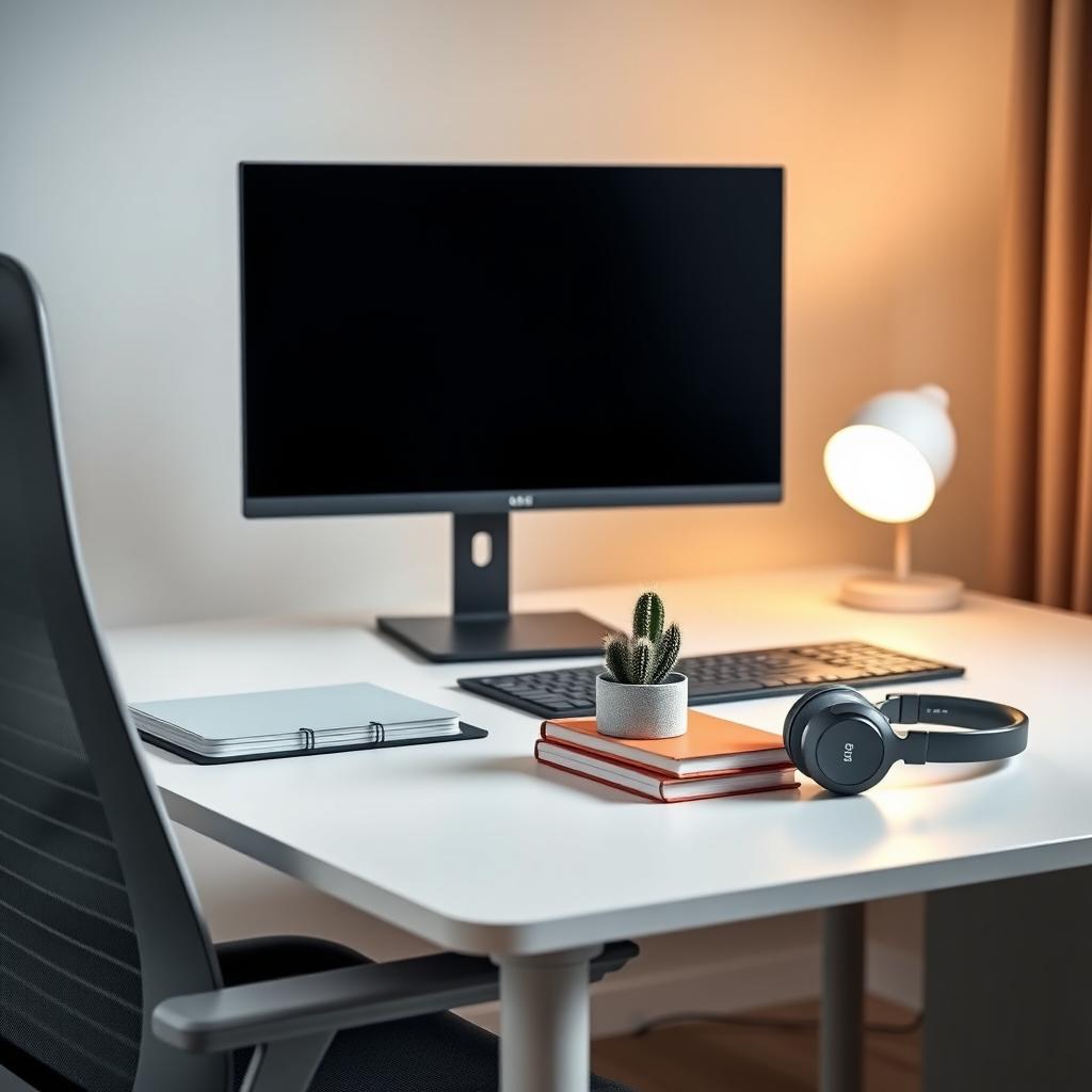 Modern home office with ergonomic chair, monitor stand, cactus, and noise-canceling headphones.