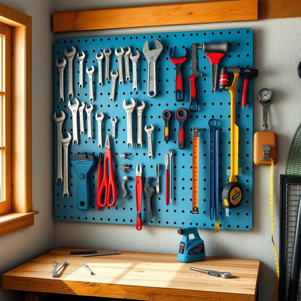 A colorful pegboard in a small workshop, organizing wrenches, scissors, and tape measures on hooks above a tidy workbench.