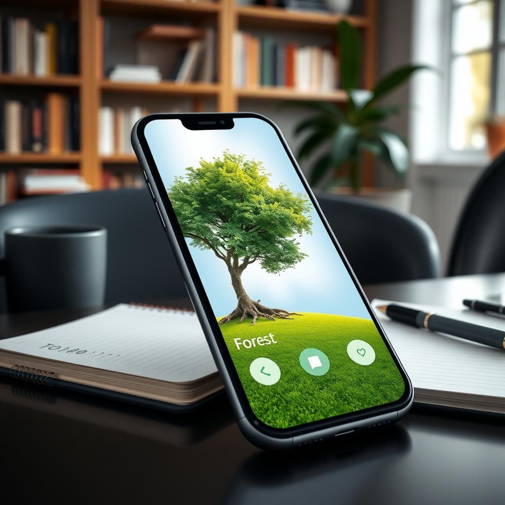 Smartphone showing the Forest app with a virtual tree, placed on a desk with a notebook and pen in a cozy office.
