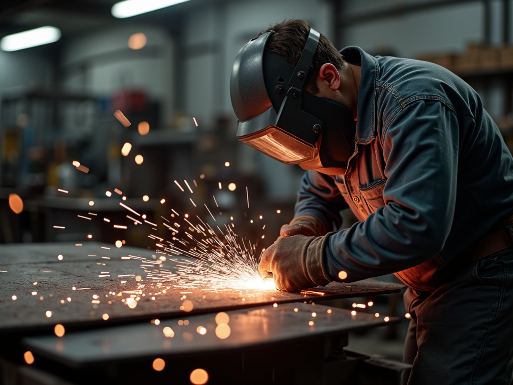 A metalworker using a plasma cutter in a workshop.