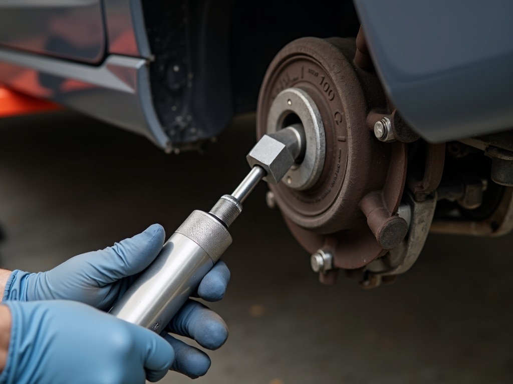 A click torque wrench tightening a bolt on a car wheel hub with precision.