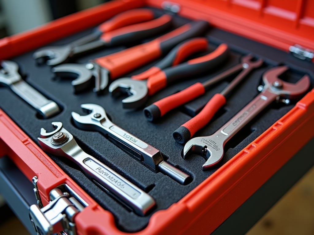 Organized toolbox with hand tools.