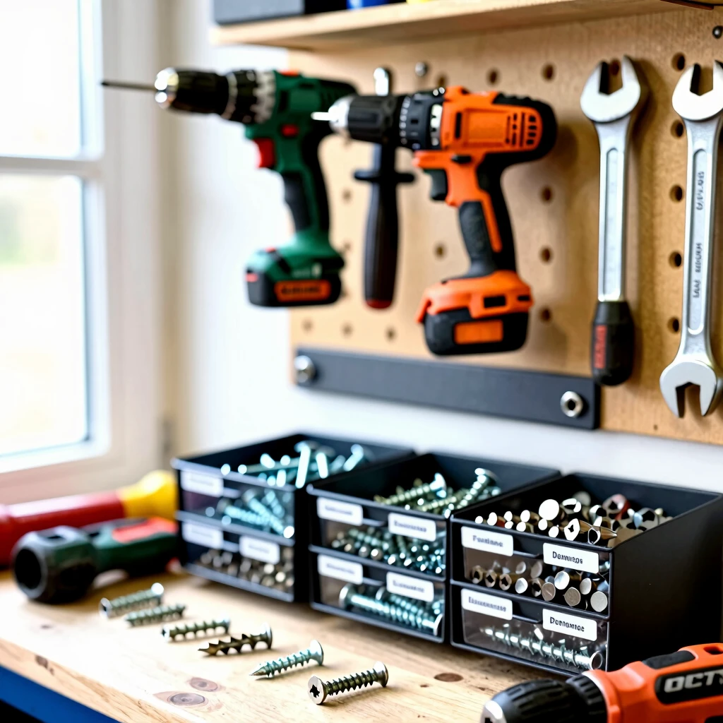 Organized power tool storage on workbench