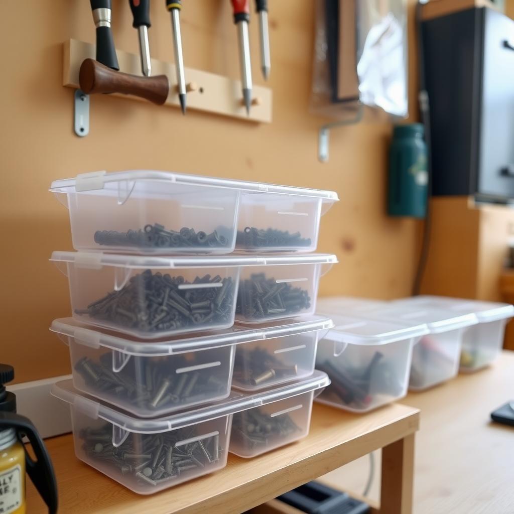 A tidy workbench with labeled transparent bins on a shelf and a magnetic strip holding screwdrivers and a hammer in a compact workspace.