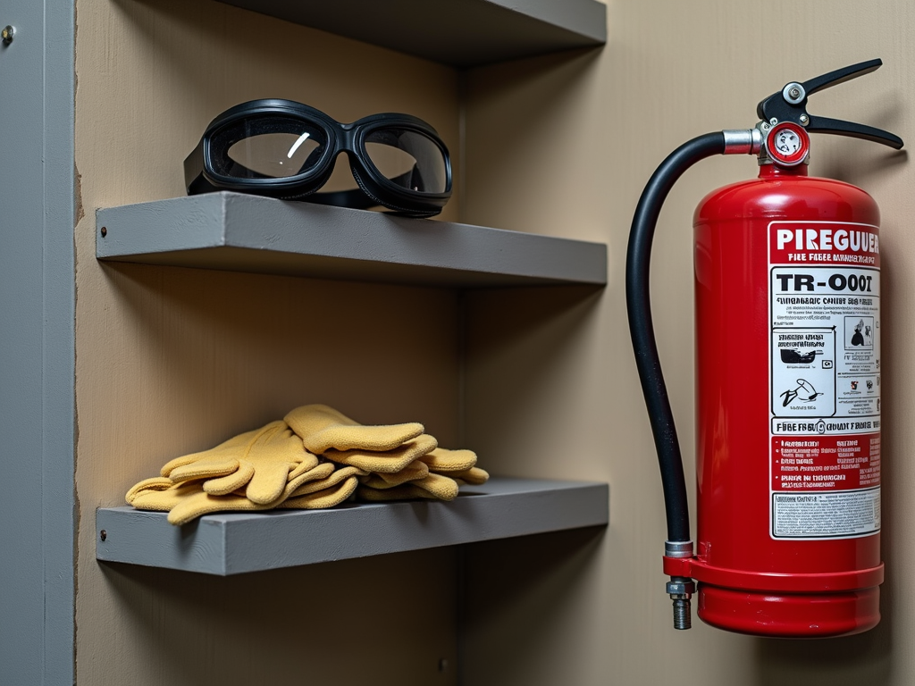 Safety equipment neatly arranged in a workshop.