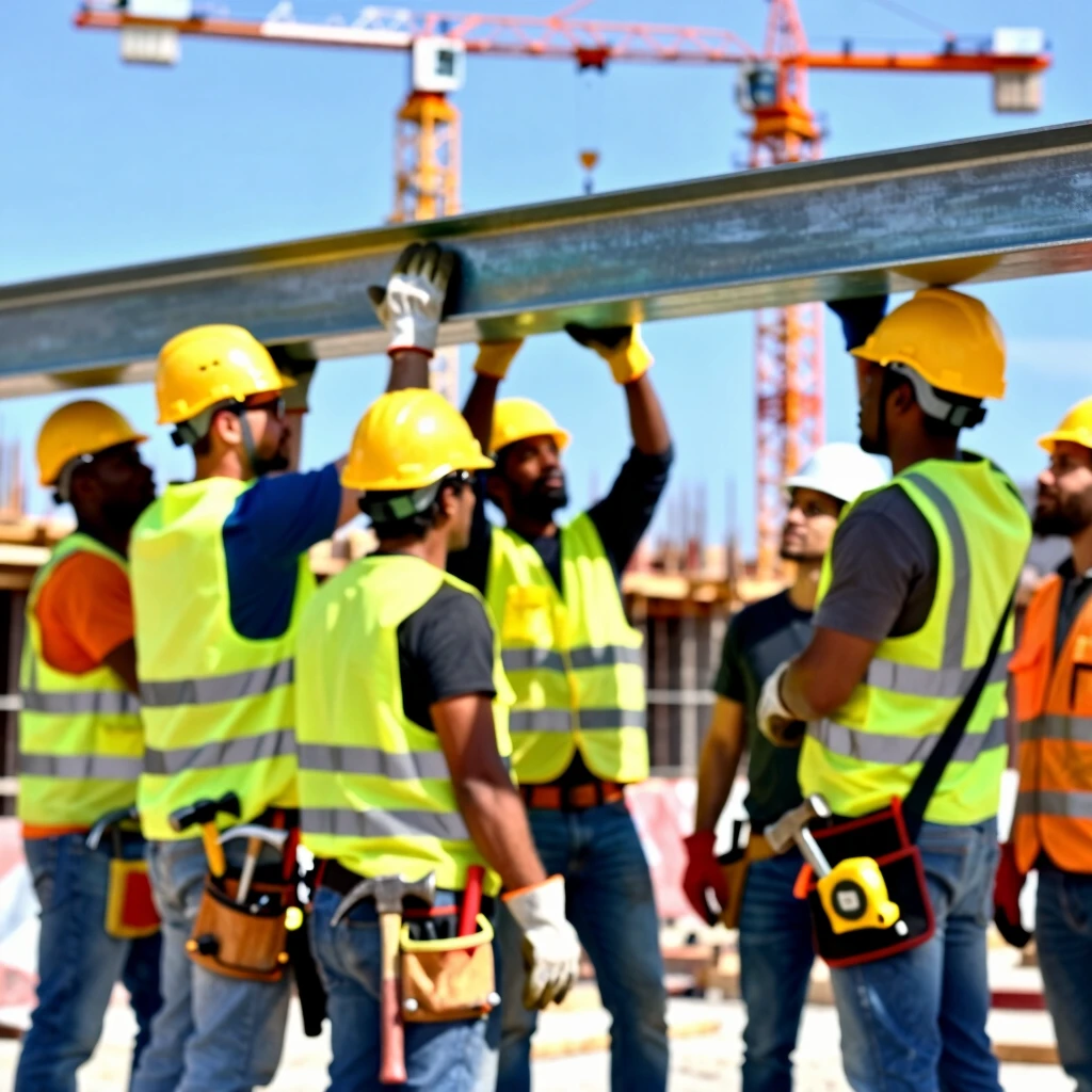 Construction workers equipped with essential PPE on site