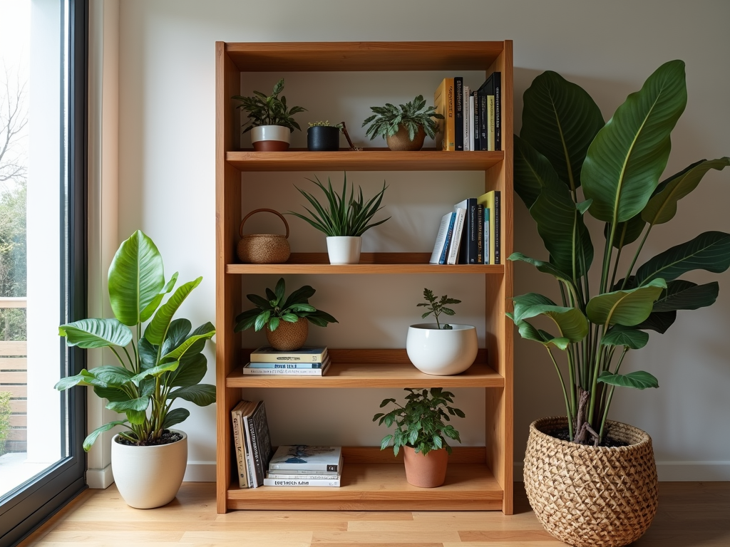 Handmade bookshelf with books and plants