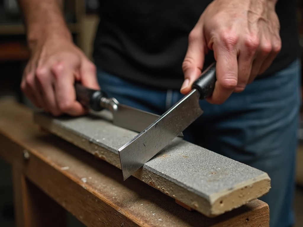 Sharpening a chisel with proper technique.
