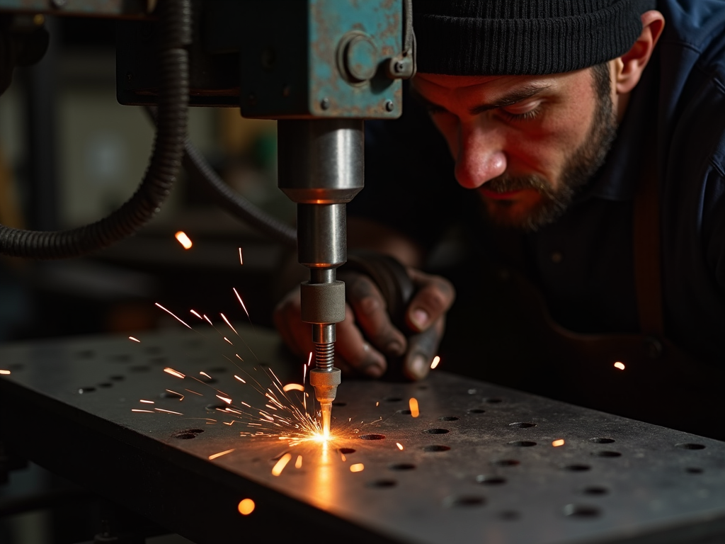 Metalworker operating a drill press on steel