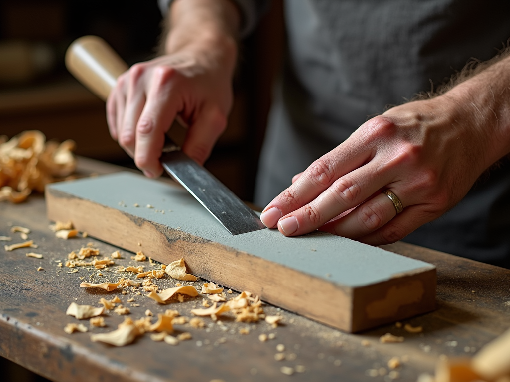 Person sharpening a chisel on a whetstone