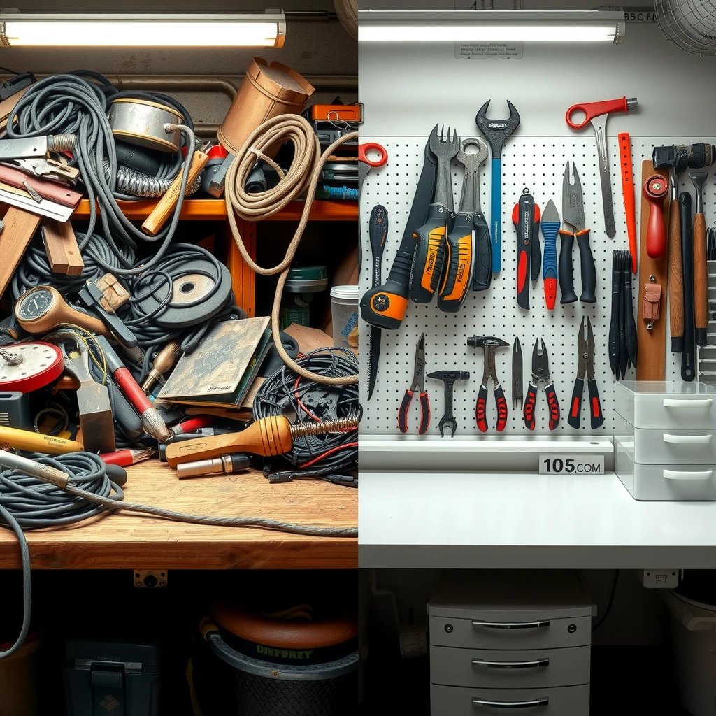 Before and after view of a workbench organized for efficiency