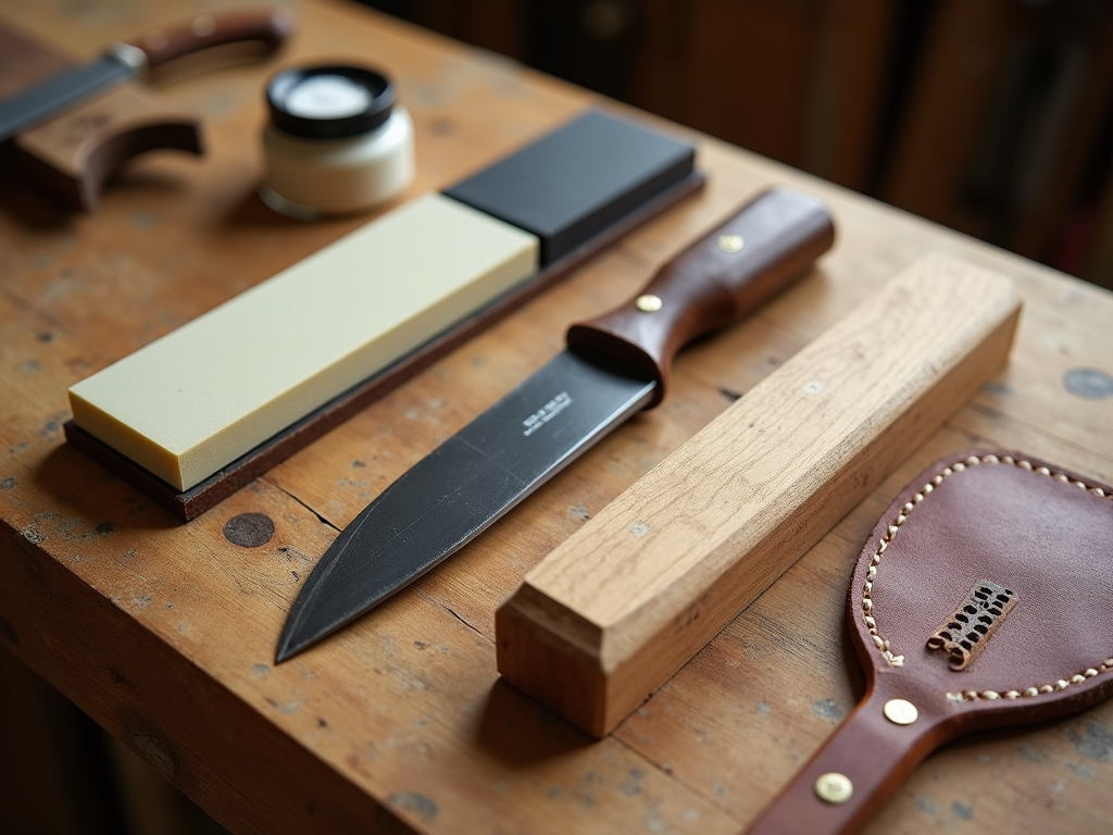 Basic sharpening tools laid out on a workbench