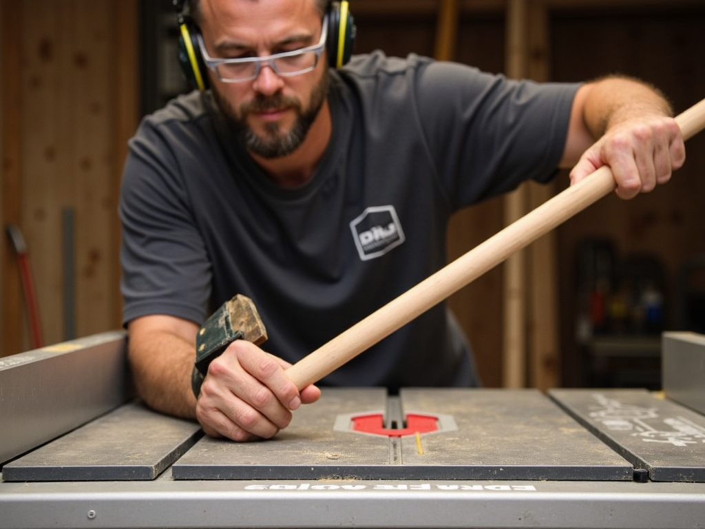 Safe use of a table saw with proper safety equipment.