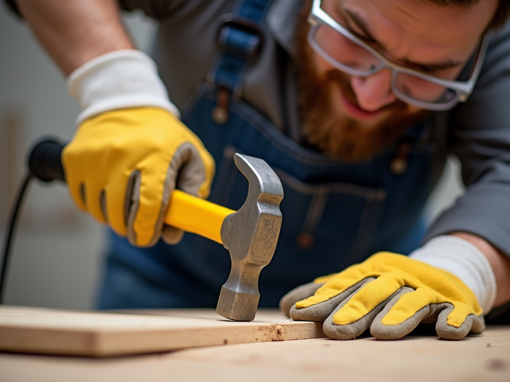 Safely using a hammer with protective gear.