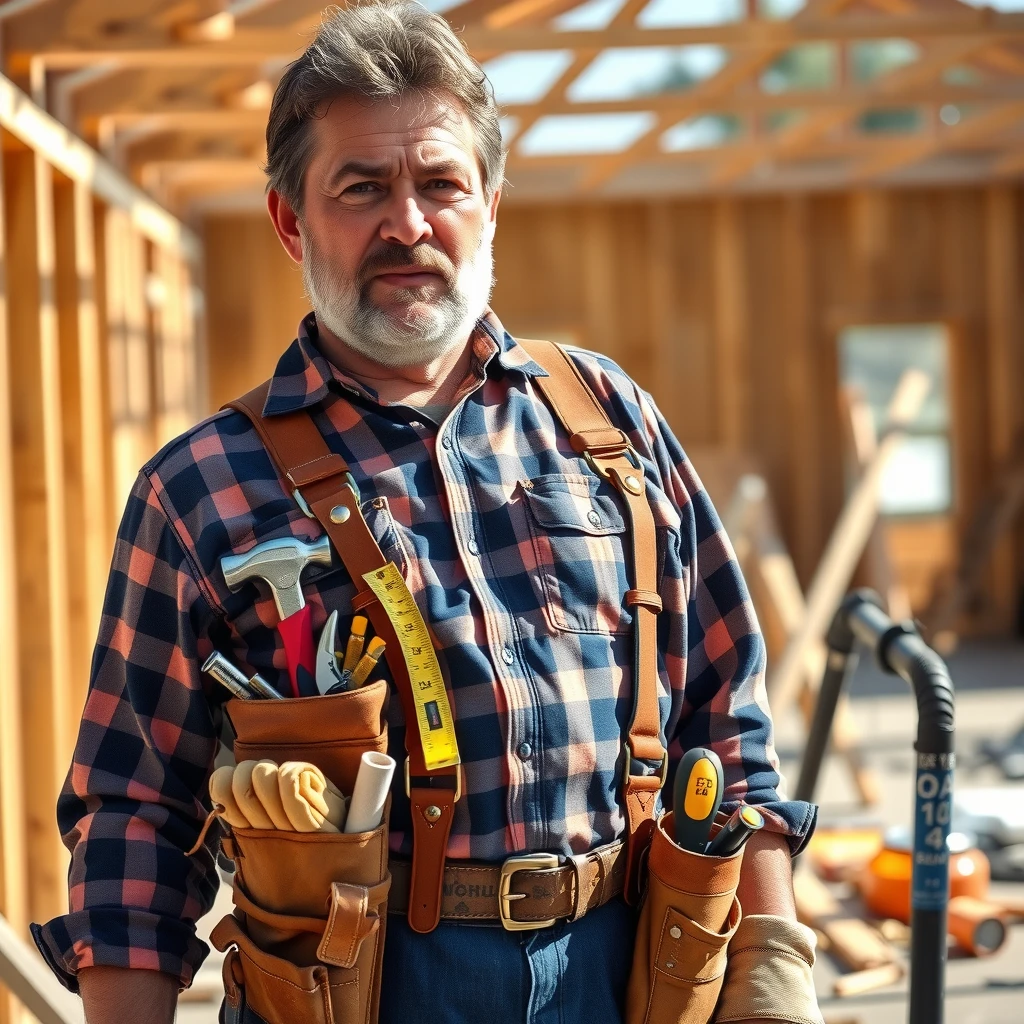 Carpenter on the job site wearing a loaded tool belt with built-in storage