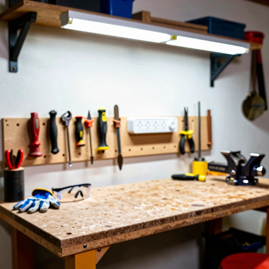 Organized woodworking workbench with tools and safety gear