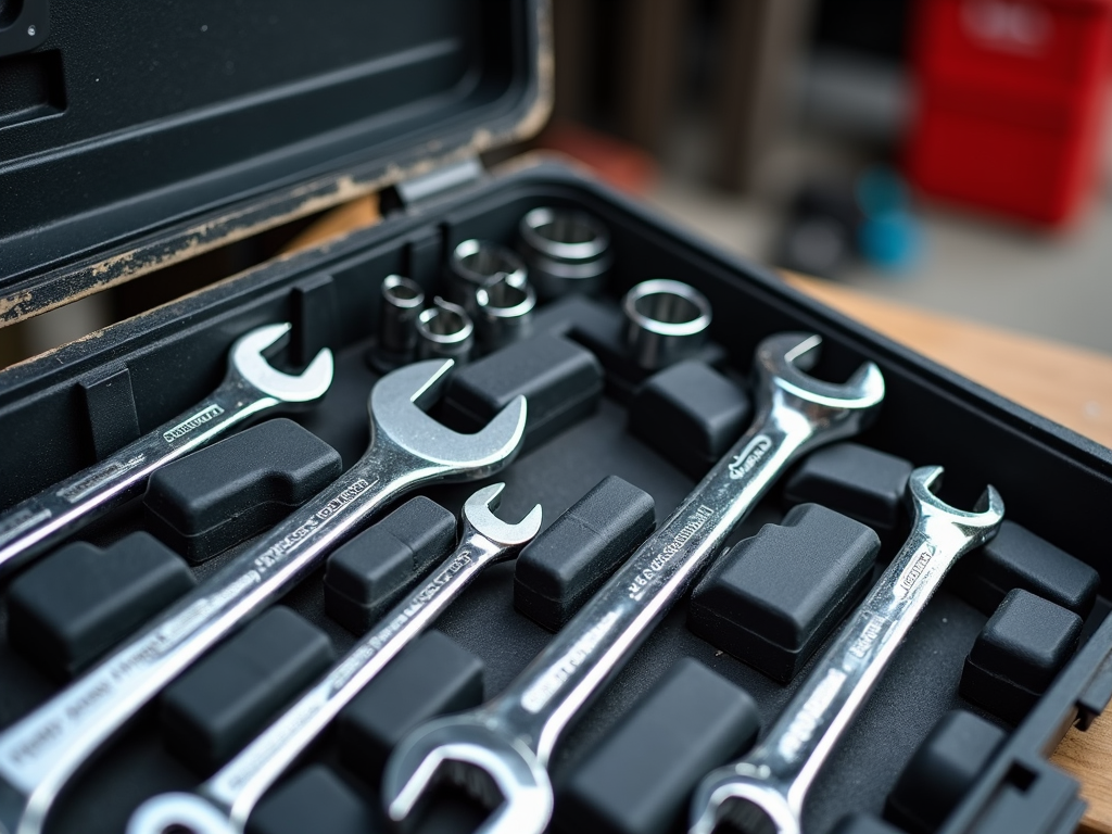A neatly organized toolbox showcasing different types of wrenches, essential for any workman.