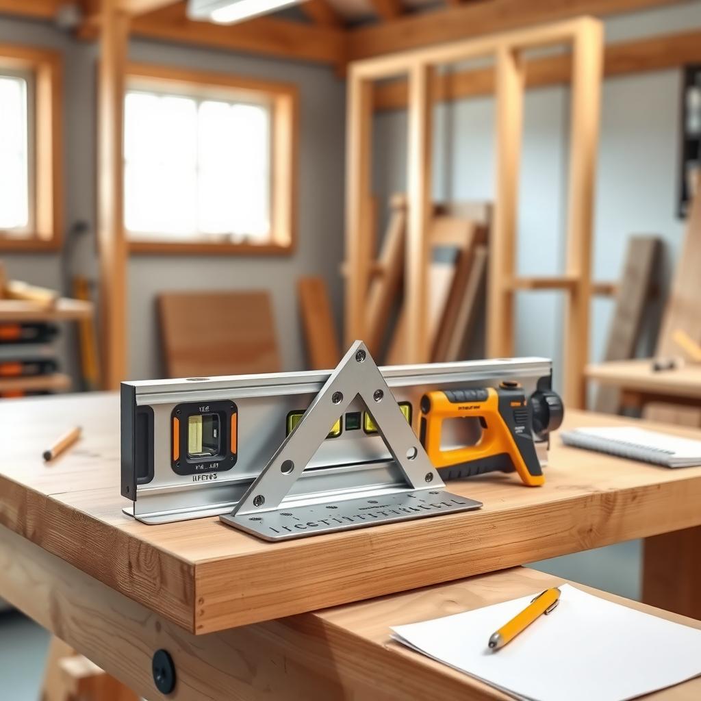 Workbench with a level, combination square, and stud finder next to a wooden frame in a workshop.