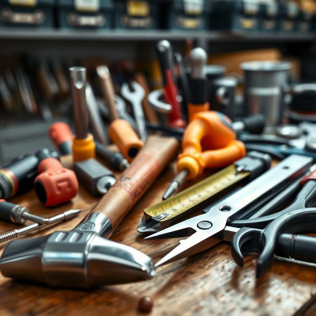 Close-up of a tidy tool bench with clean hand tools like a hammer, screwdrivers, and pliers arranged neatly on a wooden surface.