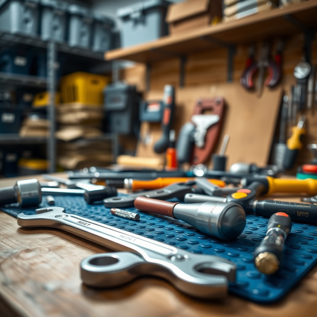 Array of premium workman tools ready for action on a workshop bench