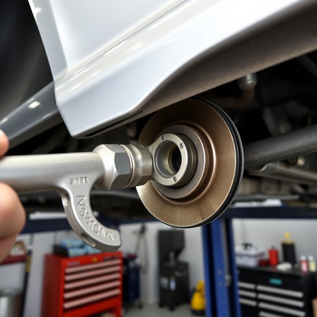 Flare nut wrench loosening a brake line fitting in a garage
