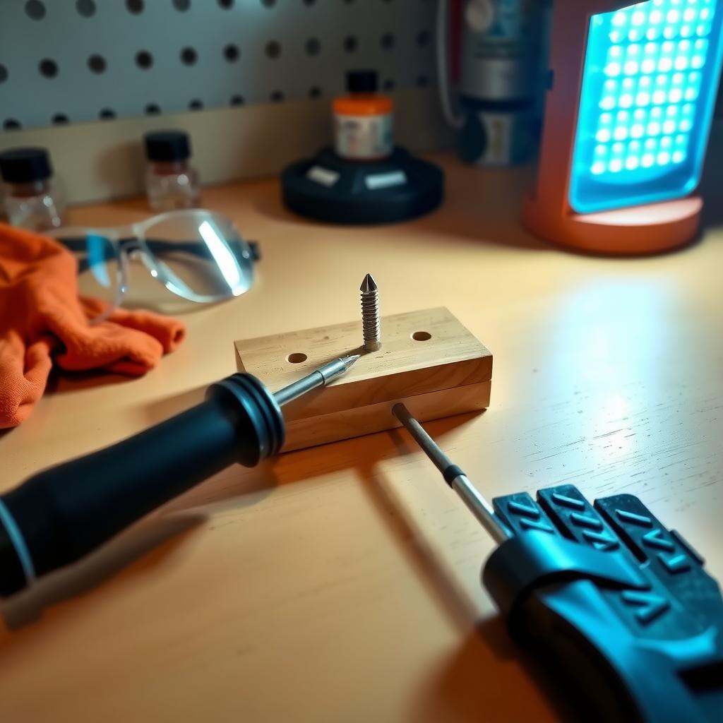 Brightly lit workbench with a screwdriver, wooden board, safety glasses, and gloves.