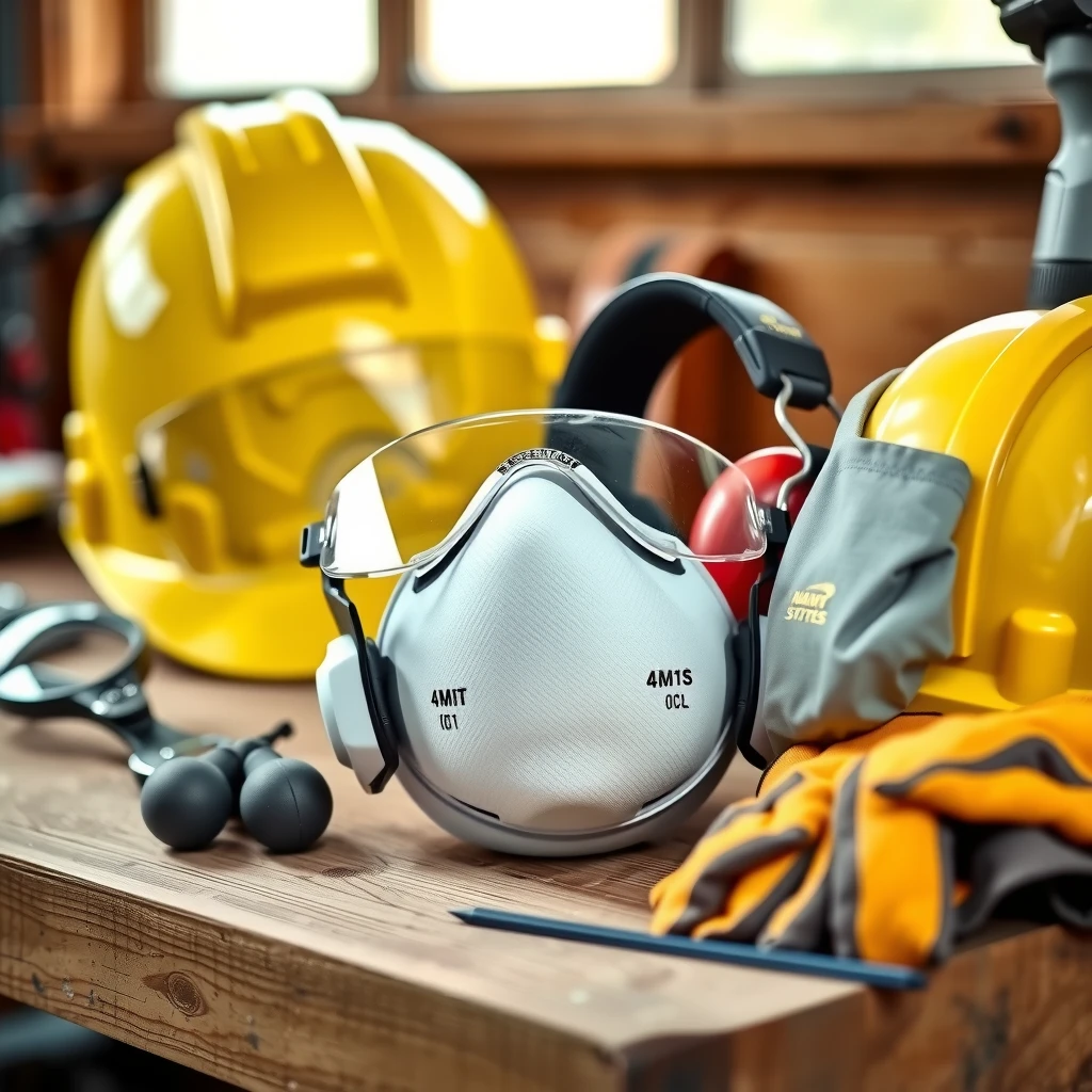 Essential safety gear items laid out on a workbench