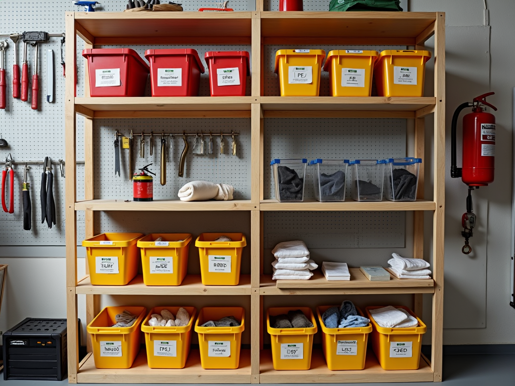 Organized workshop shelf with PPE and tools