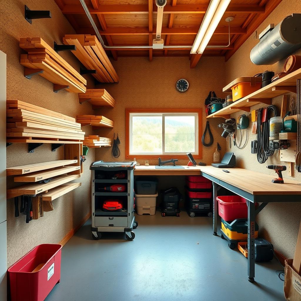 A compact workshop with vertical storage racks and a clear floor, illuminated by natural light.