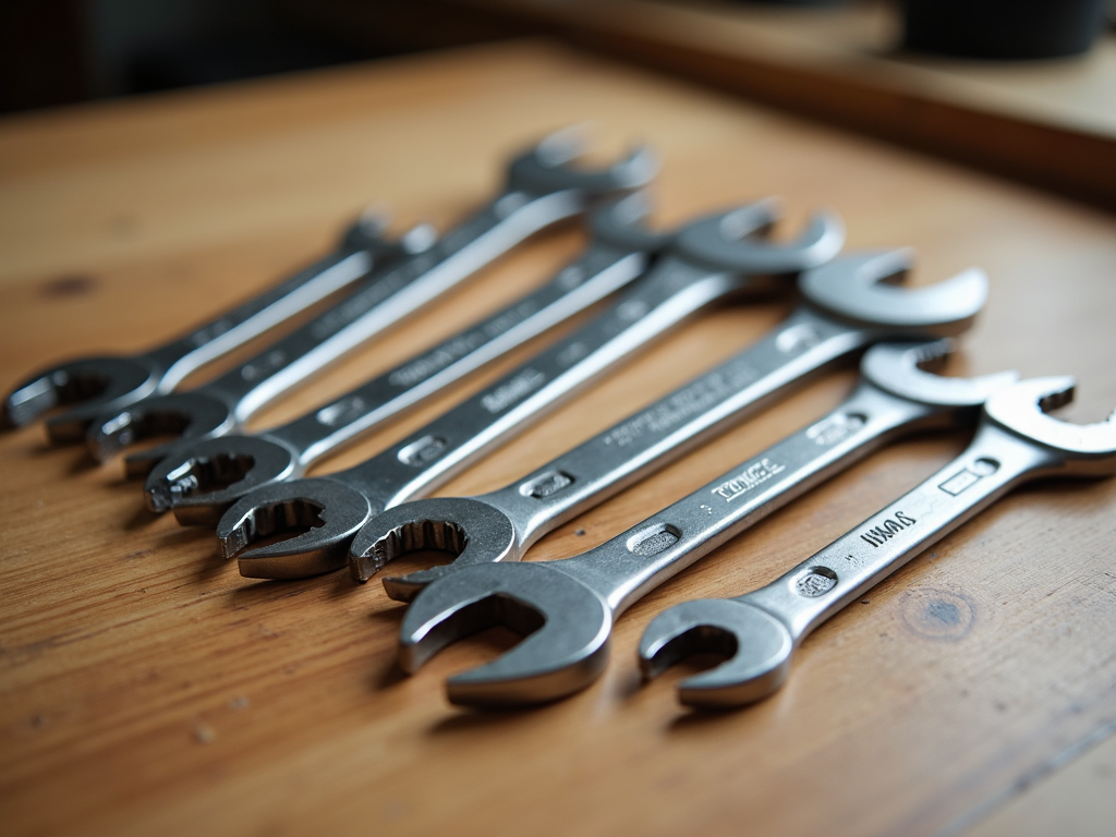 Set of combination wrenches arranged on a wooden table