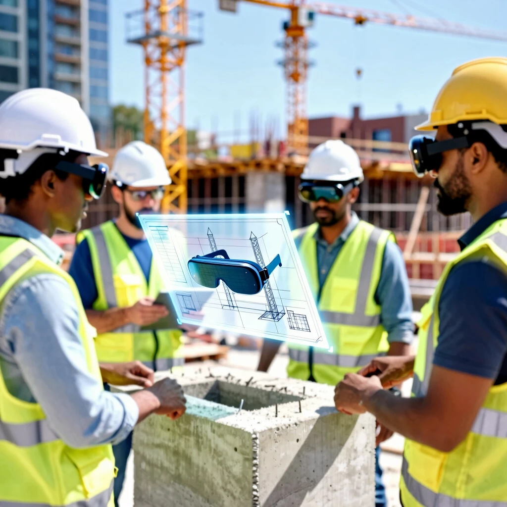 Construction team using AR glasses to overlay digital blueprints on a building foundation