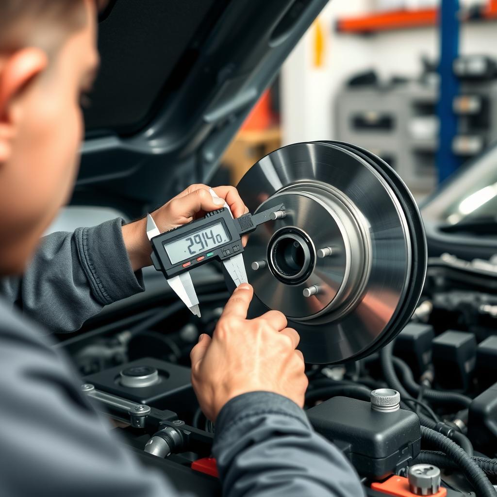 Mechanic measuring a brake rotor with a digital caliper in a car engine bay.