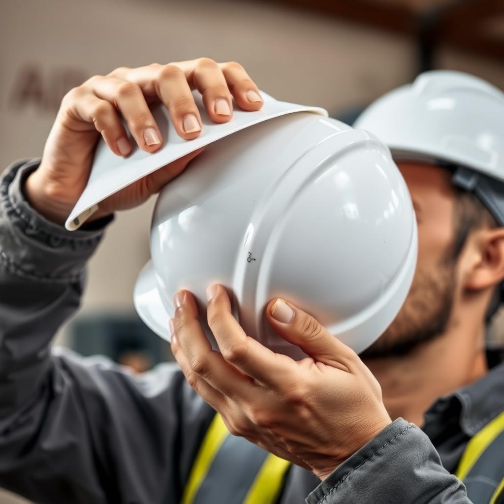 Worker inspecting a hard hat for damage before use.