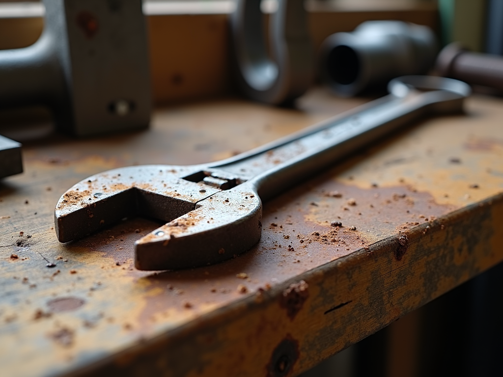 A rusty wrench on a workbench, showing the effects of poor maintenance.