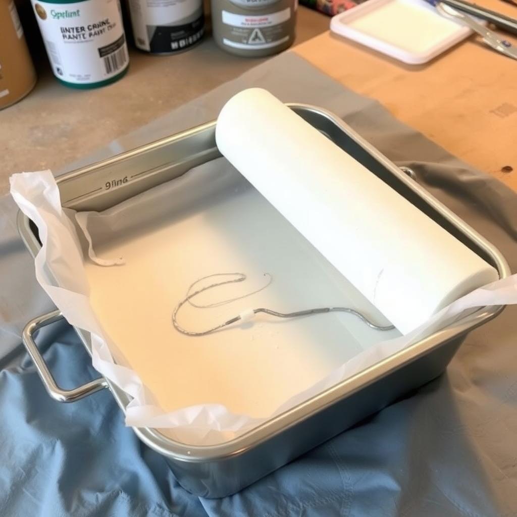 Paint tray with liner and roller on a drop cloth
