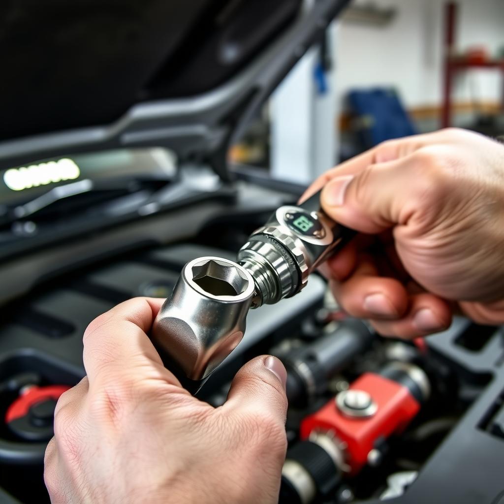 Mechanic tightening a bolt with a socket and ratchet on a car engine