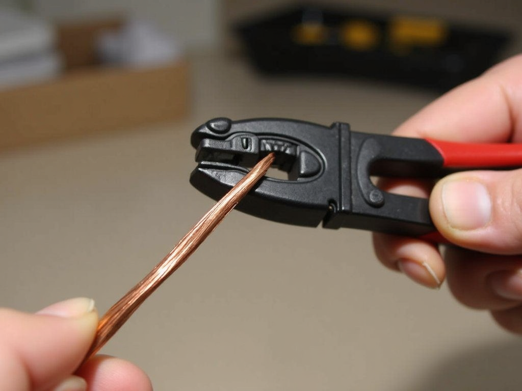 Wire strippers removing insulation from a copper wire