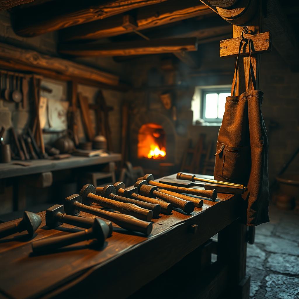 A medieval blacksmith’s workshop with iron hammers and chisels on a workbench, lit by forge firelight.