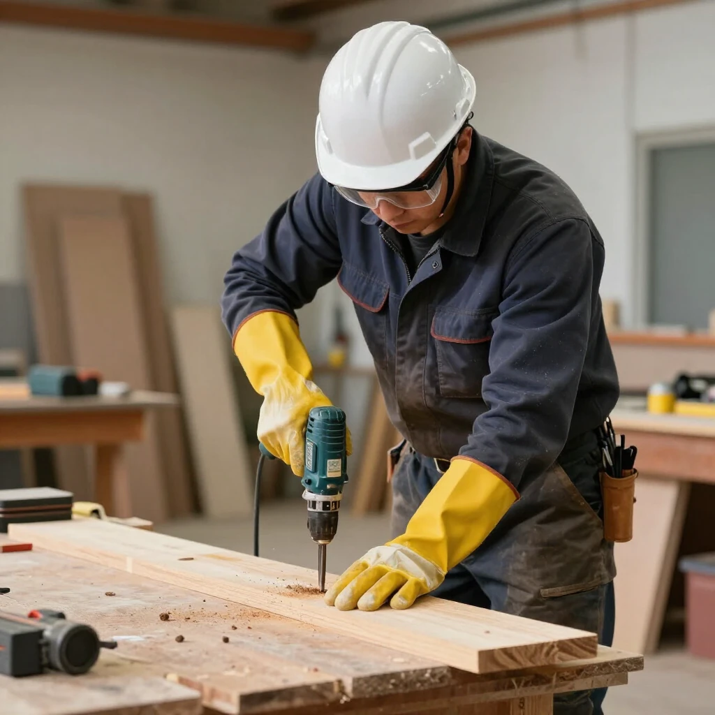 Worker wearing full PPE using an electric drill safely