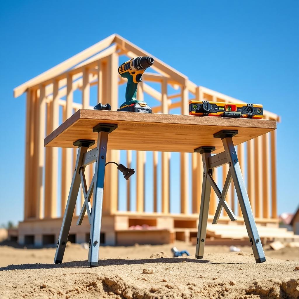 Portable workbench with tools on a construction site