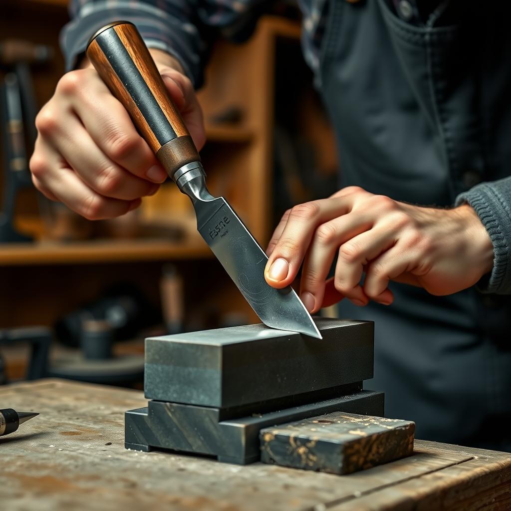A craftsman sharpening a chisel on a whetstone in a well-lit, organized workshop with tools neatly arranged in the background.