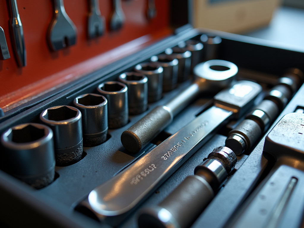 A socket wrench set laid out with various sockets and a ratchet handle, illustrating their essential components for effective use.