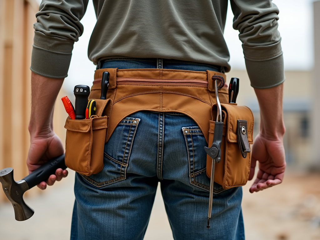 Worker wearing ergonomic tool belt on construction site