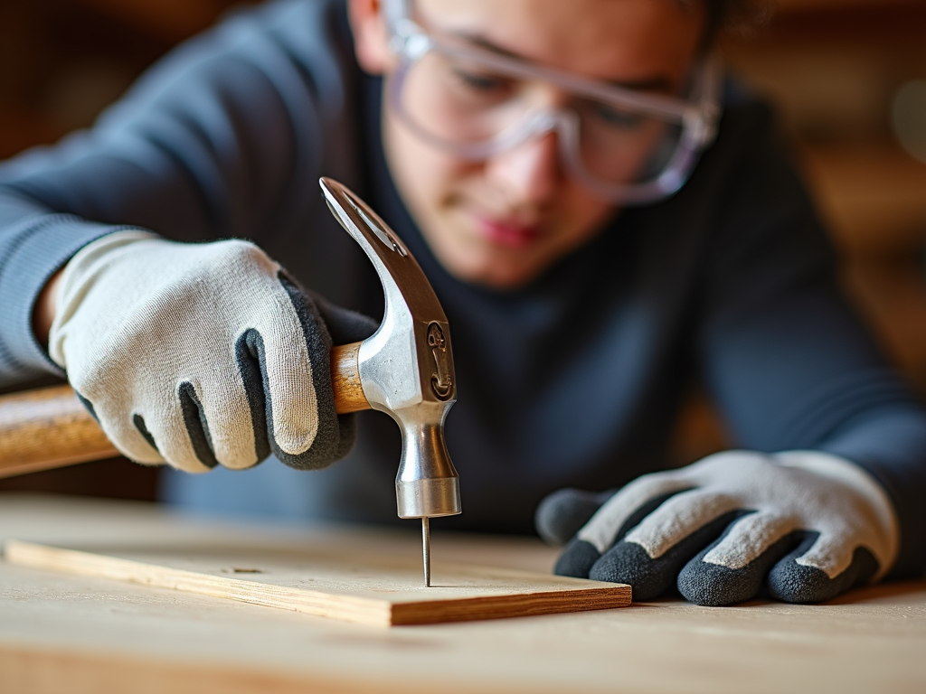 Workman using a hammer with safety gear