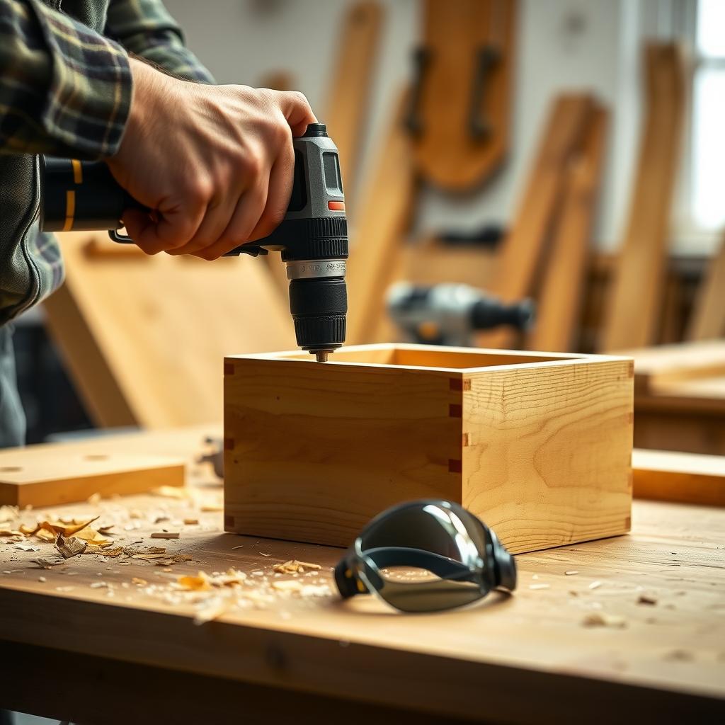Woodworker using a cordless drill to build a wooden box
